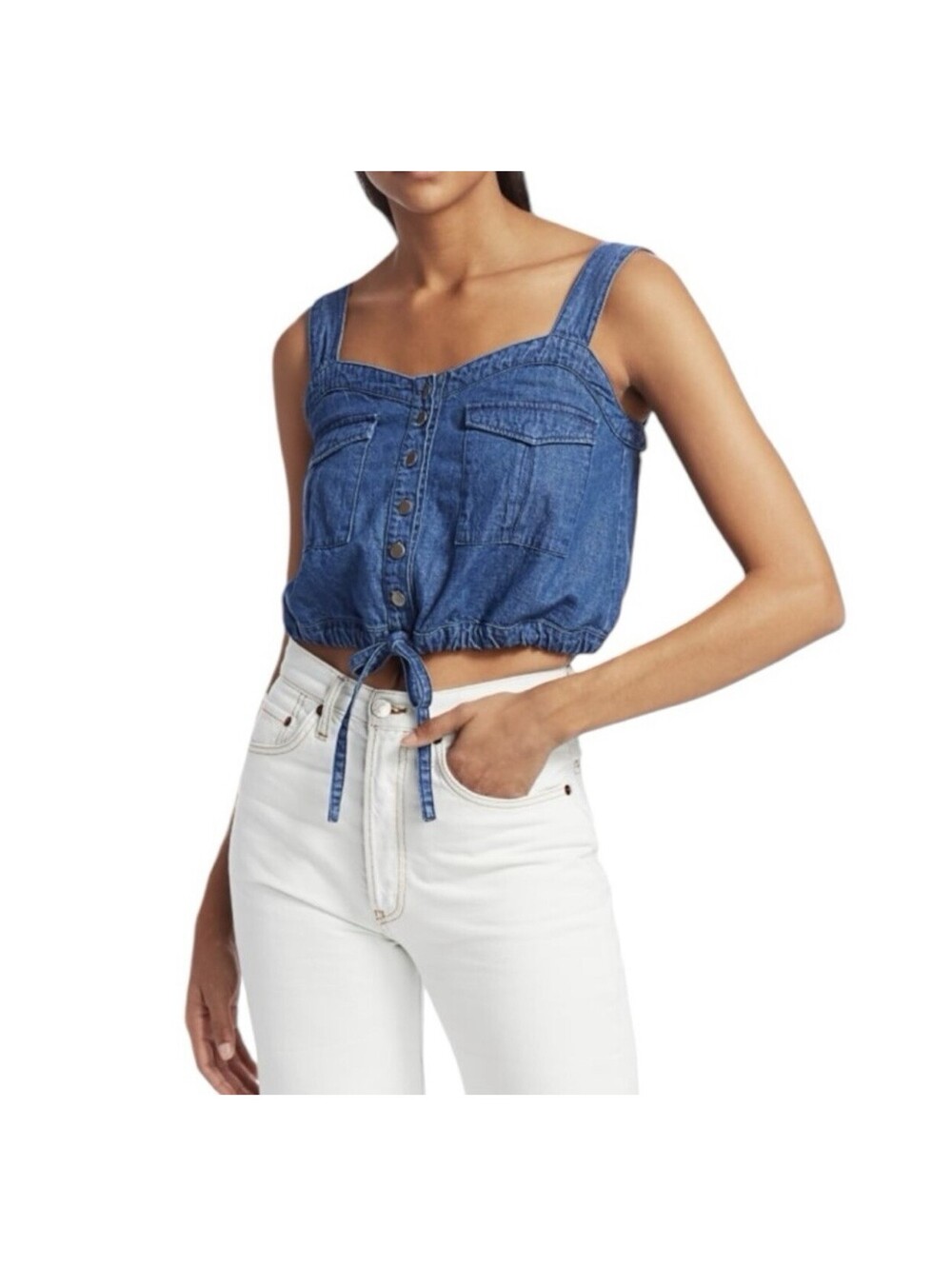 NWT We The Free Free People Palm Desert Blue Denim Top Cropped Button Medium M
